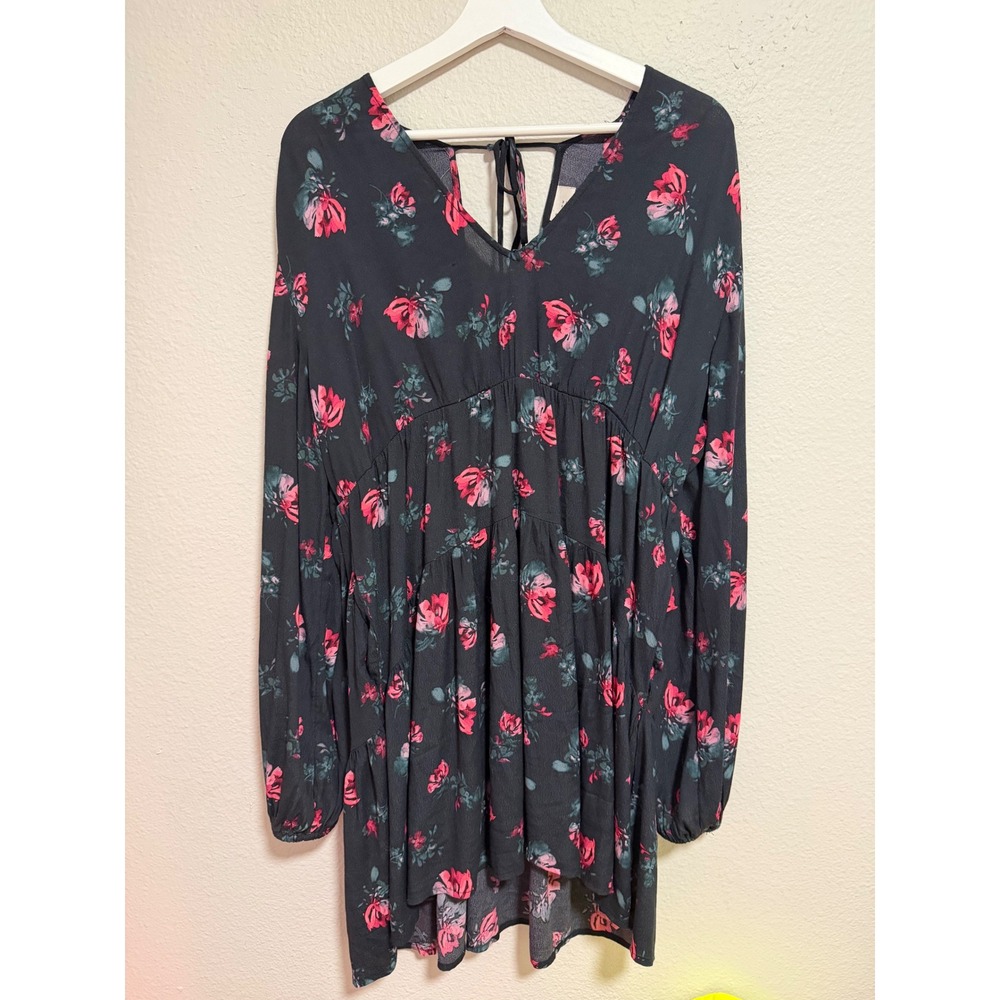 A New Day Womens Black Floral V-Neck Long Sleeve Tiered Mini Dress Large